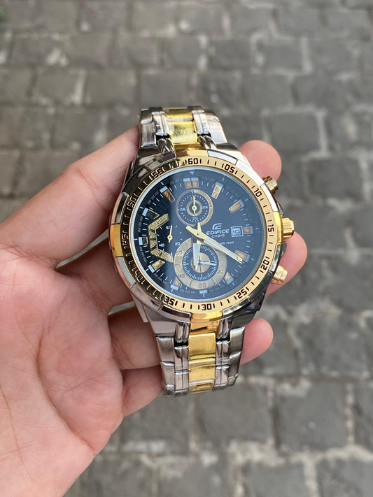 Black Analog Dial Dual Tone Stainless Steel Luxurious Watch For Men
