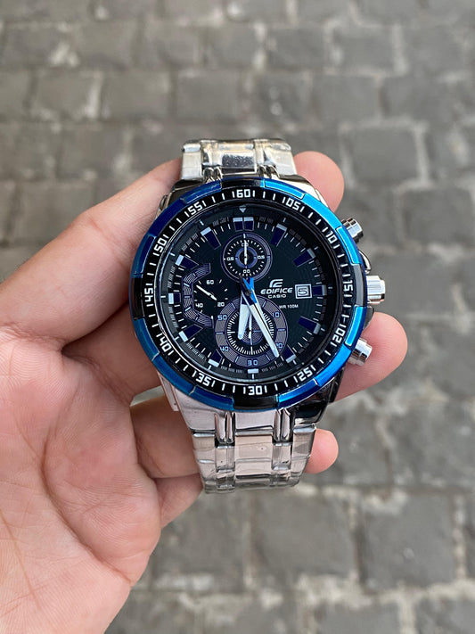 Black And Blue Silver Belt Chrionograph Analog Watch For Men