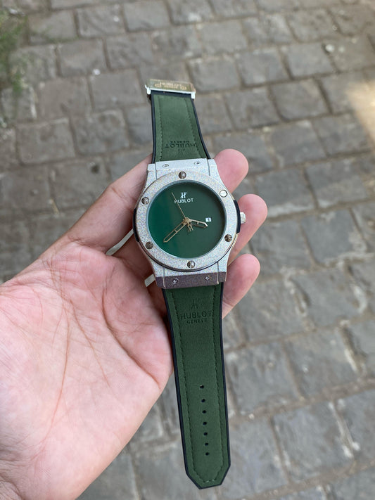 Green silver case premium leather strap bigbang watch for men