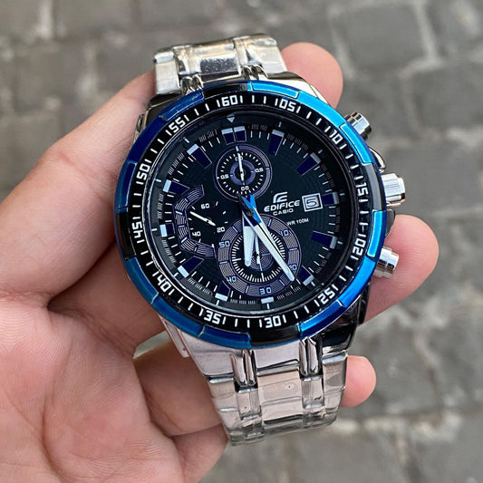 Black And Blue Silver Belt Chrionograph Analog Watch For Men