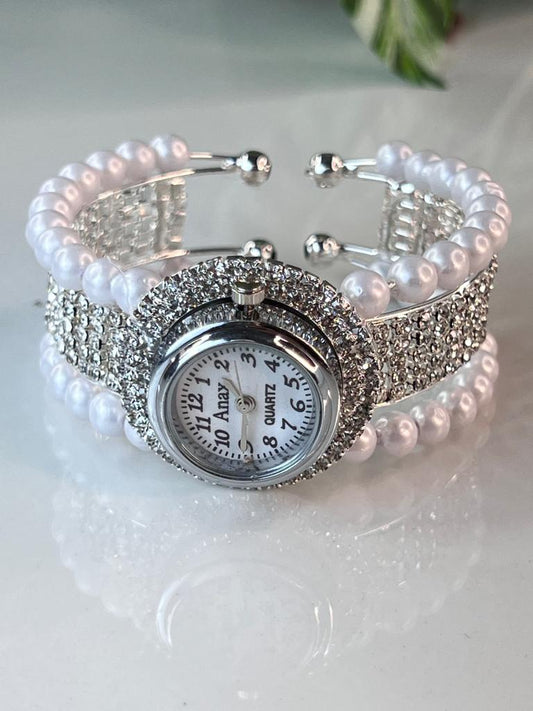 White Round Dial Stone Embedded Bracelet Style Watch For Women
