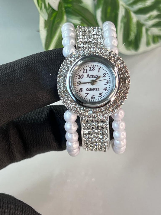 White Round Dial Stone Embedded Bracelet Style Watch For Women