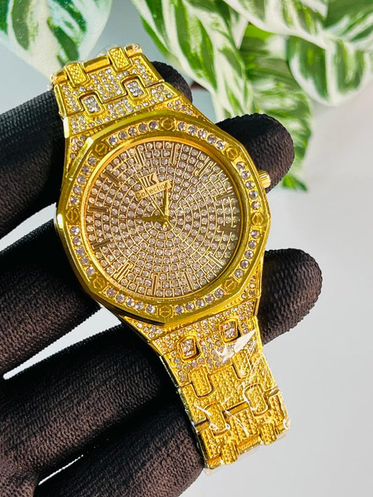 Gold Round Dial Stone Embedded Analog Watch For Men
