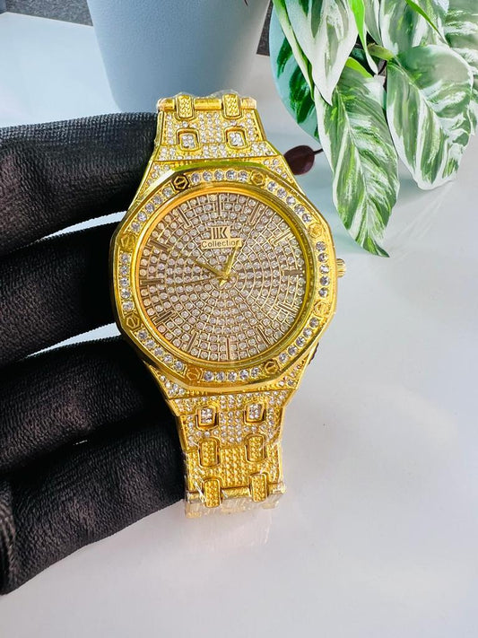 Gold Round Dial Stone Embedded Analog Watch For Men