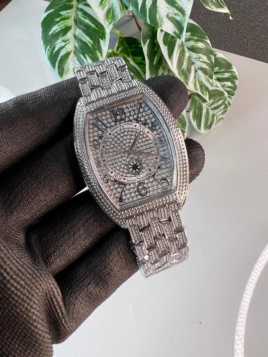 Silver Colour Square Dial Stone Embedded Analog Watch For Men