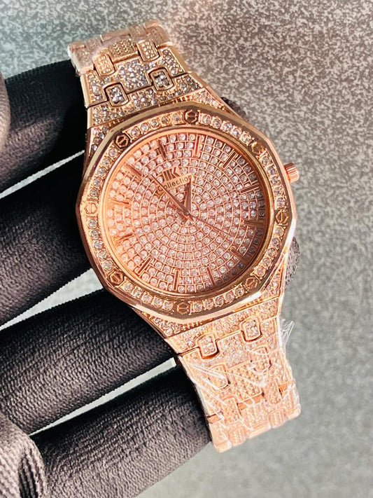 Rose Gold Plated Stone Embedded Luxurious Analog Watch For Men