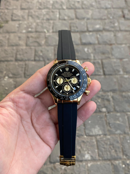 Black Dial Gold Case Silicon Strap Stylish Watch For Men