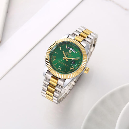 Silver And Gold Base Green Dial Bracelet Style Analog Watch For Men