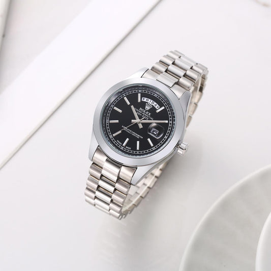 Black Round Dial Silver Belt Classic Day Date Watch For Men