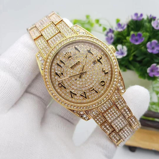 Gold Plated Stone Embedded Arbi Dial Watch For Men
