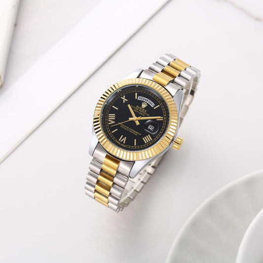 Black And Gold Dial Day Date Bracelet Watch For Men