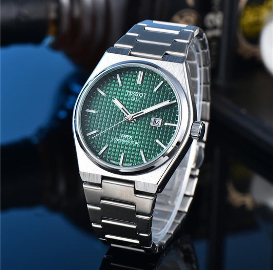 Green And Silver Stainless Steel Strapes Date Dial Watch For Men