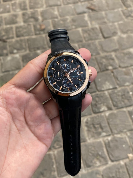 Black Trending Chronograph Working Black Leather Watch For Men And Boys