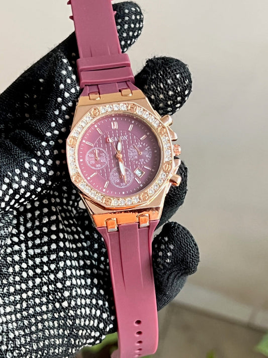 Pink Dial Stone Embedded Pink Silicon Straps Analog Watch For Women