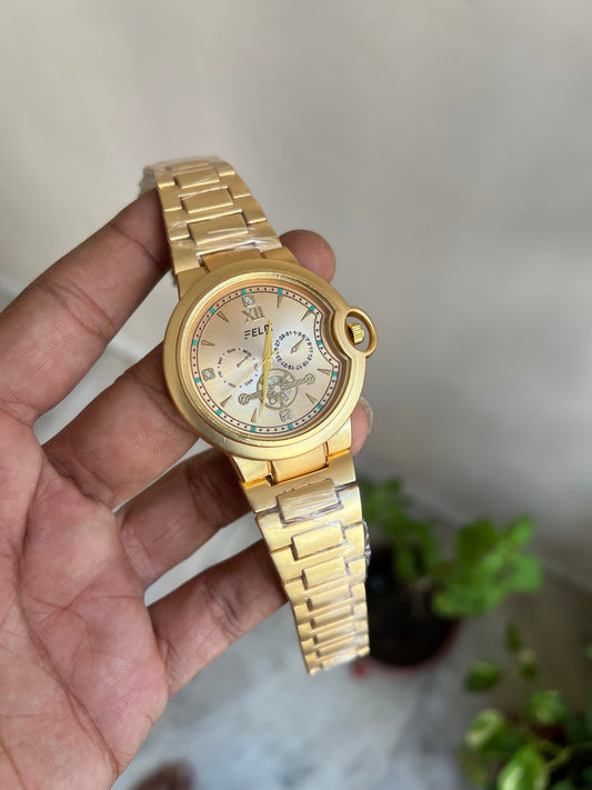 Gold Plated Round Dial Stainless Steel Strap Watch For Men