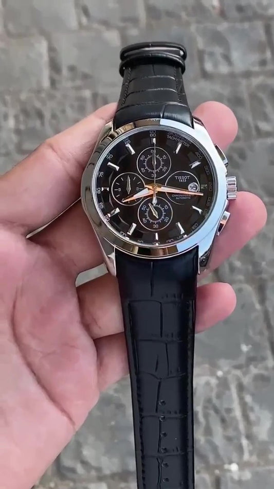 Brown Trending Chronograph Working Black Leather Watch For Men And Boys