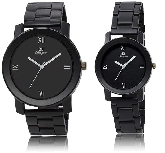 Analogue Round Black Dial Steel Belt Couple Watch