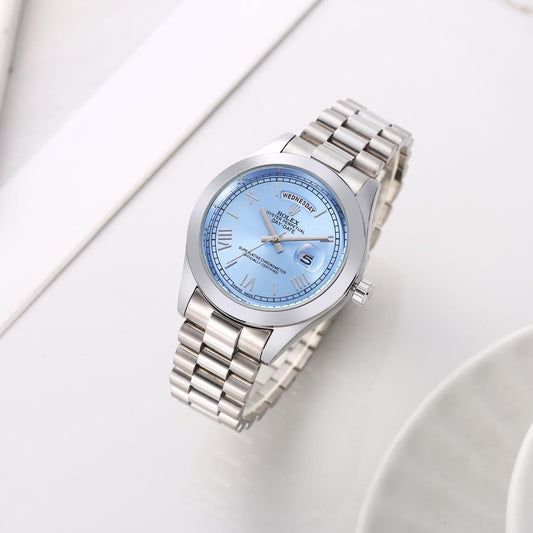 Blue Dial Silver Strapes Classic Day Date Watch For Men