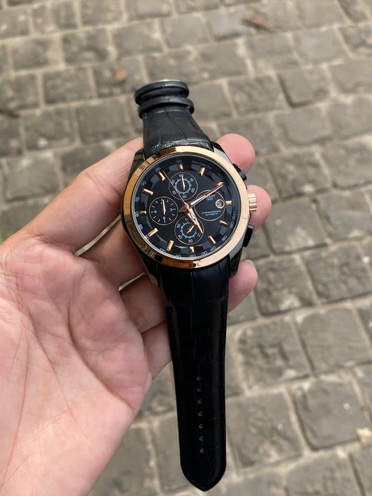 Black Trending Chronograph Working Black Leather Watch For Men And Boys